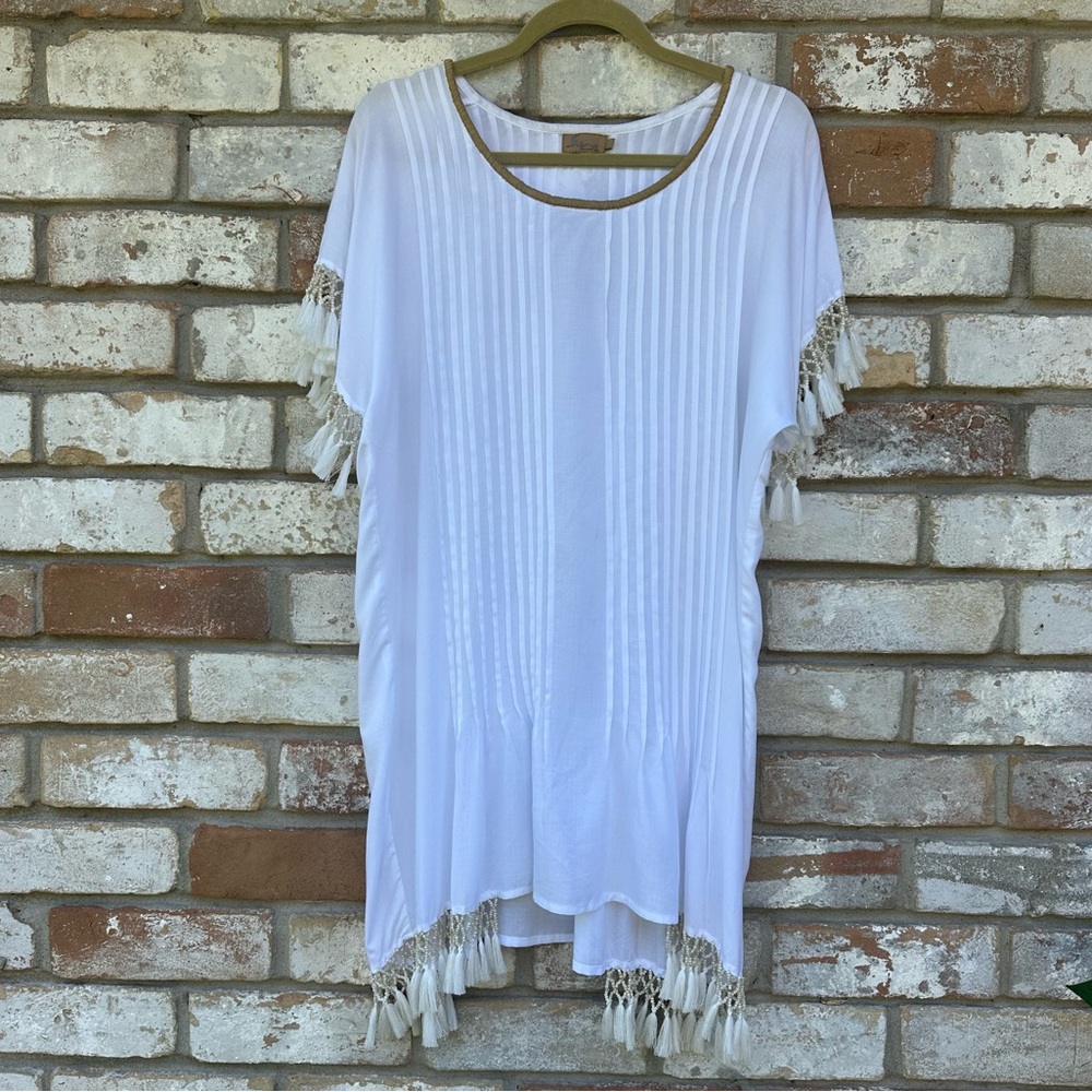 Skemo White Tassel Trim Women's Bathing Suit Cover-Up